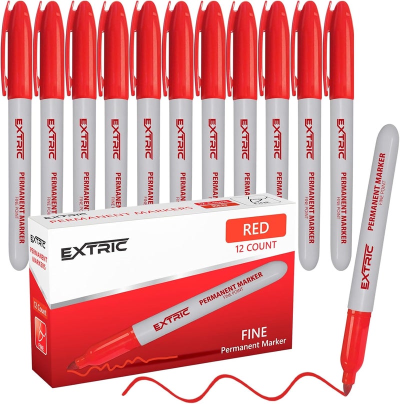 EXTRIC Permanent Markers Red, 12 Count Fine Point Markers, Quick Drying, Works on wood, Paper, Plastic, Metal and Glass, for Home, Office and School use - Image 1